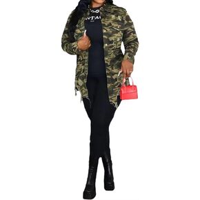 Women's Camo Button Boyfriend Jackets with Pockets Distressed Army Fatigue Casual Long Sleeve Ripped Coat Outerwear