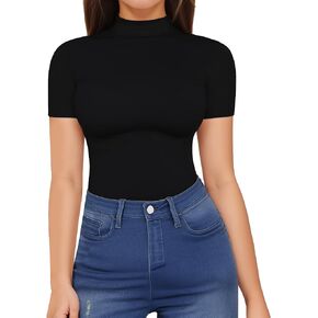 HERLOLLYCHIPS Mock Neck Tops for Women Basic Short Sleeve Tight Summer Sexy Dressy Casual Summer T-Shirts