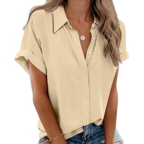 Zeagoo Womens Button Down Shirts Rolled Cuffed Short Sleeve Shirt Cute Collared Summer Casual Work Blouse