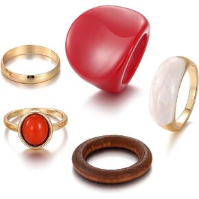 5Pcs Stackable Red Resin Knuckle Rings Set for Women, Chunky Large Wide Band Dome Rings Colorful Acrylic Thick Round Finger Joint Rings Jewelry Set