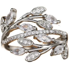 Olive Branch Ring for Women Sterling Silver plated thin Paved CZ Cubic Zirconia Wrap Around Leaf Ring Promise Art Cocktail Band Ring Jewelry