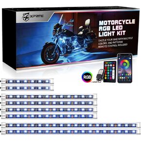 Xprite Motorcycle LED Underglow Kit, Bluetooth with Wireless Remote Control RGB Multi-Color Underbody Neon Glow Lights, Waterproof Silicone Sealed Strip Red Brake Lamp Function, 12 PCS