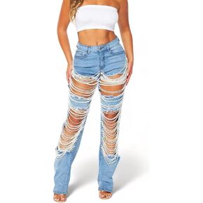 Cut Out Jeans for Women Straight Leg Mid Waisted Ripped Rhinestone Pearl Beaded Denim Pants YMT323 Blue M