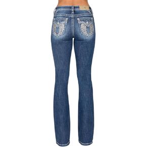 Miss Me Women's Angel Wings Stitch Faux Flap Pockets Mid-Rise Bootcut Jeans