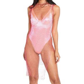 Women Sparkly Rhinestones Mesh See Through Bodycon Midi Dress Sexy Hollow Out Beach Bikini Cover Up Rave Festival Outfit