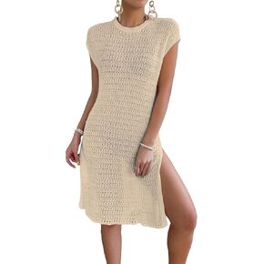 Floerns Women's Crochet Hollow Out Cap Sleeve Split Hem Crewneck Cover Up Dress