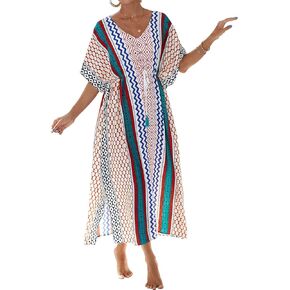 فساتين قفطان Bsubseach للنساء مقاس كبير لباس السباحة يغطي فستان قفطان طويل مع رباط خصر B-طباعة هندسية 1 in Kuwait