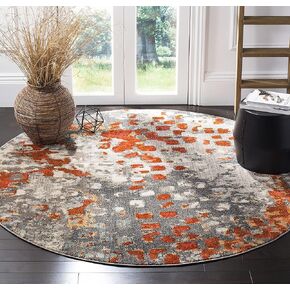 SAFAVIEH Monaco Collection Area Rug - 5' Round, Grey & Orange, Boho Chic Abstract Watercolor Design, Non-Shedding & Easy Care, Ideal for High Traffic Areas in Living Room, Bedroom (MNC225H)