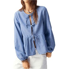 MakeMeChic Women's Striped Blouse Babydoll Shirt Lantern Sleeve Tie Front Crew Neck Peplum Top