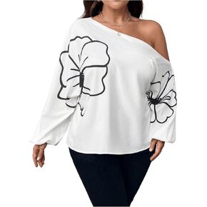 Women's Plus Size Floral Print Off Shoulder Blouse Lantern Long Sleeve Elegant Shirts Tops