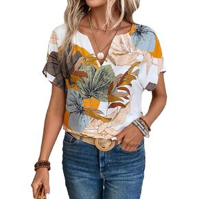 SOLY HUX Women's Tropical Print Notched Neck Short Sleeve Casual Blouse Tops