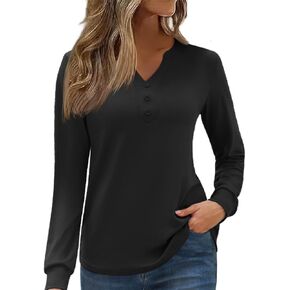 Womens Tops Business Casual Long Sleeve Button V Neck Henley Shirts 2024 Fall Trendy Loose Work Office Blouse Tunics