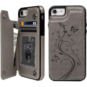 Compatible with iPhone 7 Card Holder Case, iPhone 8 Wallet Case Embossed Butterfly Slim Folio Leather Cover Shockproof Shell with Credit Card Slot Protective Skin for iPhone 7 & 8,Purple