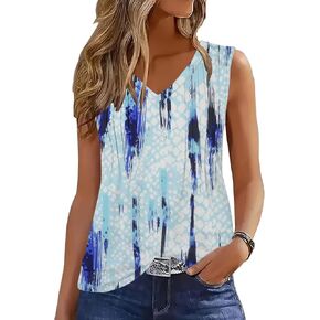 ETCYY Tank Tops for Women Sleeveless Boho Shirts Casual V Neck Floral Summer Blouse Pleated Dressy Casual Tunic Top