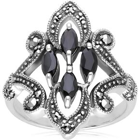 Gemondo USA 925 Sterling Silver Marquise Cut Black Spinel & Marcasite Art Nouveau Dress Ring