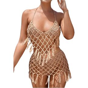 MakeMeChic Women's Cover Up Sets Halter Tie Back Fringe Hollow Out Swimsuit Coverup