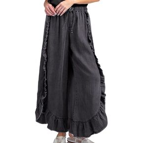 CHARTOU Women Denim Palazzo Pants Jeans Flare Elastic Waist Wide Leg Pants Raw Frayed Hem Jeans Flowy Ruffle Pants