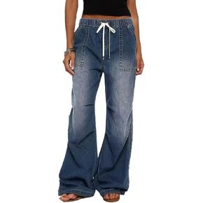 Flamingals Women's Wide Leg Cargo Jeans Drawstring High Rise Elastic Stretchy Wash Flap Pocket Casual Cargo Jeans