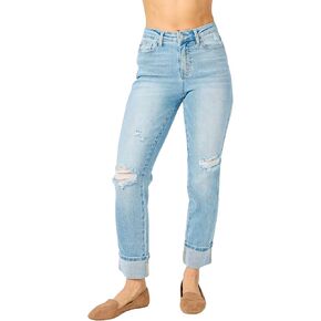 Judy Blue Women's Mid-Rise Americana Flag Cuff Boyfriend Jeans