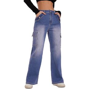 FITTOO Cargo Jeans for Women High Waisted Wide Leg Denim Pants with 6 Pockets Y2K Casual Pants Trousers