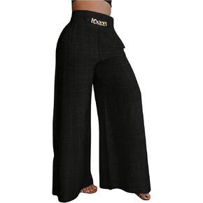 OYOANGLE Women's Metallic Chain Decor Wide Leg Pants Casual Smocked Solid Trousers in Saudi Arabia