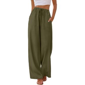 Vrtige Women's Casual Cotton Linen Drawstring High Waist Wide Leg Long Pants Trousers with Pocket