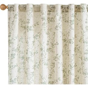 Lazzzy Green Floral Curtains 84 Inch Length Linen Farmhouse Curtain Back Tab Drapes for Living Room Bedroom Light Filtering Vintage Rod Pocket Curtains, 2 Panels, Green on Beige