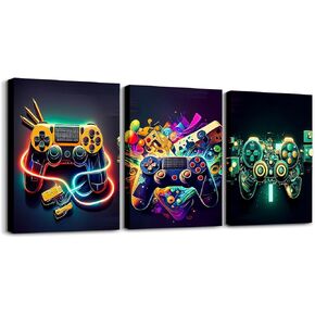 Feelyou Gamer قماش جدار الفن الألعاب الحمام جدار الفن لديكور المنزل 12 "× 16" 3 قطعة للمراهقين غرفة نوم ديكور الإضاءة العسل مكتب جدار العمل الفني الملصقات الأزرق والأسود لوحة حائط هندسية