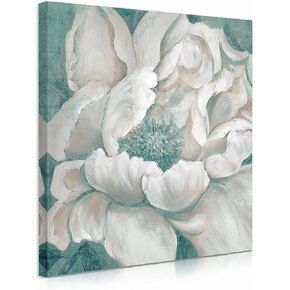 Bathroom Flower Picture Wall Art Blossom Teal White Floral Framed Painting Canvas Print with Hand Painted for Home Bedroom Decor 12 x 12 inches