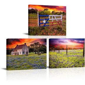 OuElegent Texas Farm Canvas Wall Art Bluebonnet Field Prints Farmhouse Landscape Painting Pictures for Living Room Kitchen Bedroom Office Home Decor Ready to Hang 3 Panels (small)