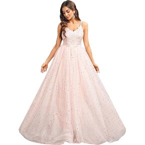 Women's Sleeveless Floral Elegant Cocktail Dresses V Neck Sparkling Party Wedding Guest Long Dress