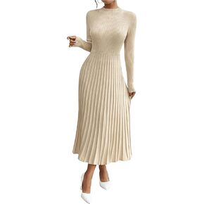 MakeMeChic Women's Mock Neck Maxi Dresses Pleated Long Sleeve Rib Knitted A Line Long Going Out Dress