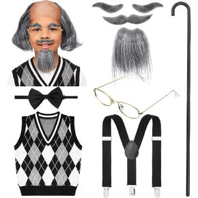 WILLBOND 9 Pcs Old Man Costume for Boys 100th Day of School Kids 1920s Old Person Outfit Halloween Costume Dress Up