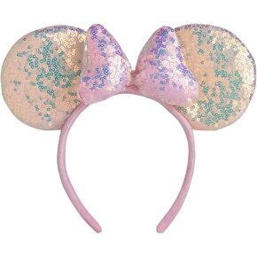 CHuangQi 1pcs Mouse Ears Shiny Headband with 3D Bow, Double-sided Sequin Hair Band for Birthday Party or Amusement Park (Pink Ears Pink Bow)