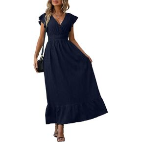 Women's Casual Dress V Neck Wrap Dress Short Ruffle Sleeve Flowy Maxi Dress High Waist in Kuwait