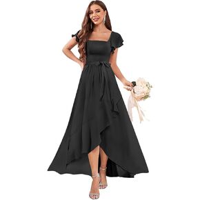 OFEECHUN Women's Square Neck Chiffon Bridesmaid Dresses with Sleeves Ruffle High Low Evening Formal Dress