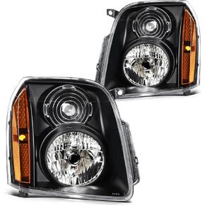 Headlight Assembly for GMC Yukon 2007-2014 for GMC Yukon XL 1500 2007-2014 for GMC Yukon XL 2500 2007-2013 Black Housing Amber Reflector Clear Lens Driver and Passenger Side Headlamp