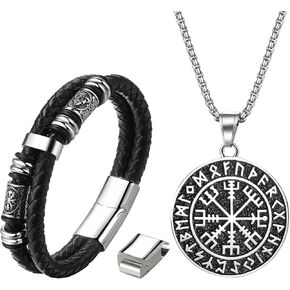OIDEA Men's Viking Necklace Bracelet Set: Adjustable Double layered Braided Leather Cuff Wristband Bracelet Norse Viking Rune Symbol Circle Compass Necklace Amulet Jewelry Gifts, Black Silver