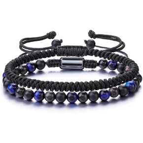 PESOENTH Mens Bracelets Obsidian Tiger Eye Bracelet For Men 6MM Natural Stone Beads Bracelet Set Braided Bracelets Adjustable Mens Bracelets Set Mens jewelry Gift for Boyfriend Dad