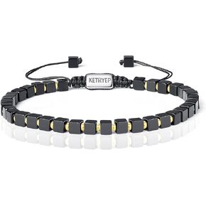 Mens Beaded Bracelets 4mm Square Natural Stone Bracelets for Men Black Onyx Matte Agate Tiger Eyes Lava Rock Hematite Bracelets for Men Christmas Birthday Gifts for Him