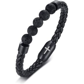 MEALGUET Lava Rock Beaded Braided Leather Cuffs Wristband Clasp with Cross Faith Religious Bracelet Confirmation Gift Jewelry