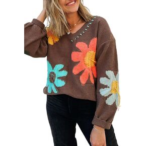 EARKOHA Womens Winter Sweater Top 2024 Long Sleeve Fall Casual V Neck Coffee Big Flower Pattern V Neck Drop Shoulder Sweater