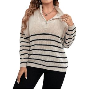 MakeMeChic Women's Plus Size Sweaters Striped Half Zip Long Sleeve Drop Shoulder Knit Tops