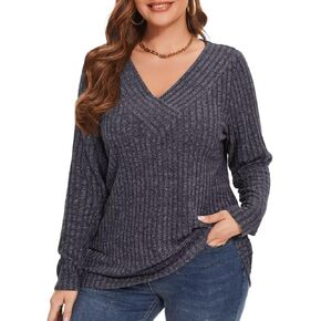 MONNURO Plus Size Women's Long Sleeve Sweater Tops V-Neck Loose Fit Dressy Fall Tunic Sweater