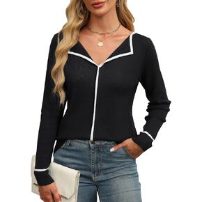BMJL Women's V Neck Sweater Dressy Casual Tops Long Sleeve Pullover Knit Collared Polo Business Work Shirts