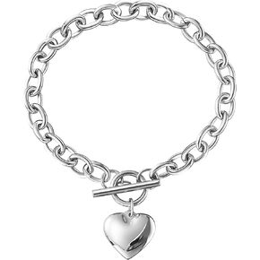 Silver Heart Toggle Bracelet Silver Plated Love Link Bracelet for Women Birthday Gift Lightweight 7.6" Long Hand Chain