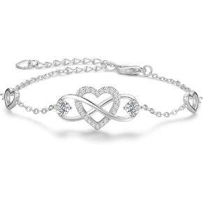 Praelinos Infinity Love Heart Bracelets for Women Birthstone 18K White Gold Plated Silver Tone 5A Cubic Zirconia Adjustable Chain Bracelet Christmas Birthday Mother’s Day Jewelry Gift