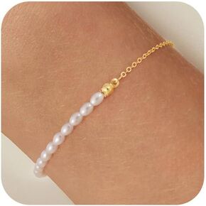 Gold Pearl Bracelets for Women Trendy,Dainty Gold Bracelet 14K Gold Plated Pearl Bracelet Cute Gold Beaded Bracelets Charm Gold Bracelet Stack Gold Jewelry for Women Wedding Bridesmaid Gifts