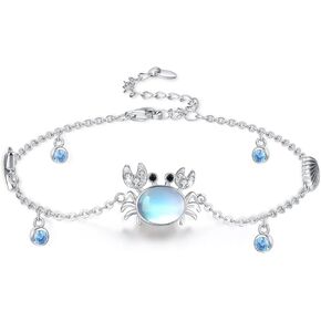 Crab Bracelet Sterling Silver Adjustable Moonstone Crab Bracelet Summer Ocean Sea Crab Jewelry Gifts for Women Birthday Mother's Day
