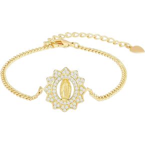 PERNNLA PEARL 18K Gold Chain Bracelet Cubic Zirconia Cuban Chain Adjustable Bracelet for Women Our Lady of Guadalupe Virgin Mary Jewelry Silver Plated Bracelets
